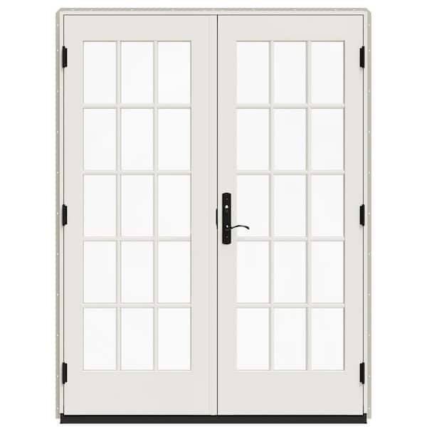JELD-WEN 60 in. x 80 in. W-5500 Desert Sand Clad Wood Left-Hand 15-Lite French Patio Door with White Paint Interior