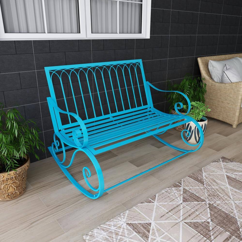 Teal Metal Rocking Outdoor Bench with Scrolled Armrests