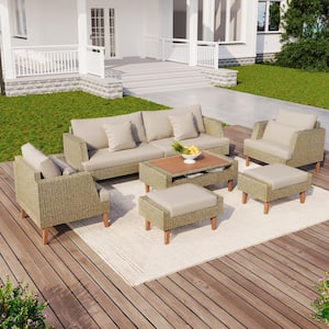 Brown 6-Piece Wicker Patio Conversation Set with Beige Cushion and Ottoman