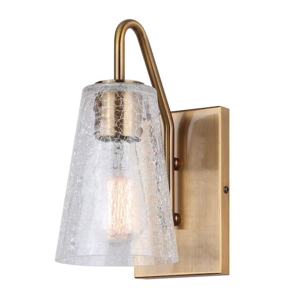 CANARM Everly 5 in. 1-Light Gold Vanity Light with Crackle Glass Shade
