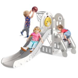 6.1 ft. Rice Gray 5-in-1 Toddler Slide Indoor Outdoor Backyard Playground Cute Duck Theme Baby Slide Toy