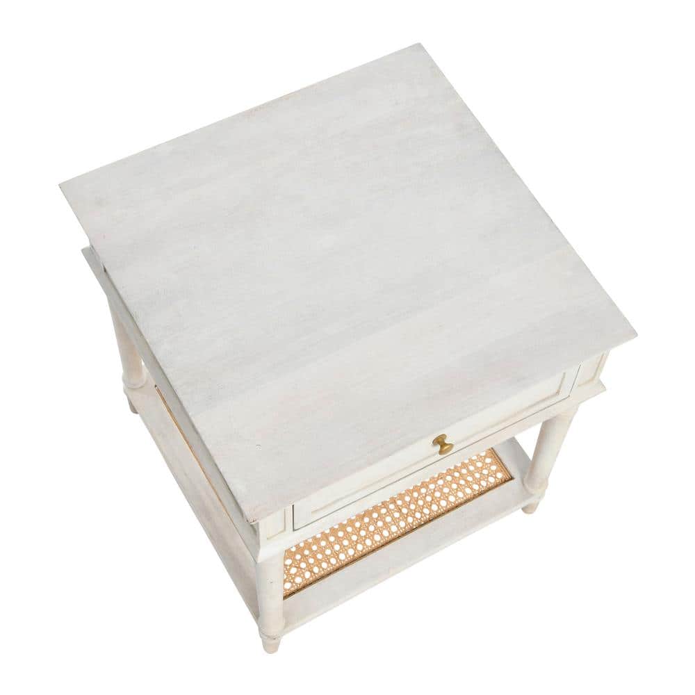 Distressed White Wood End Table with Cane Shelf and Drawer