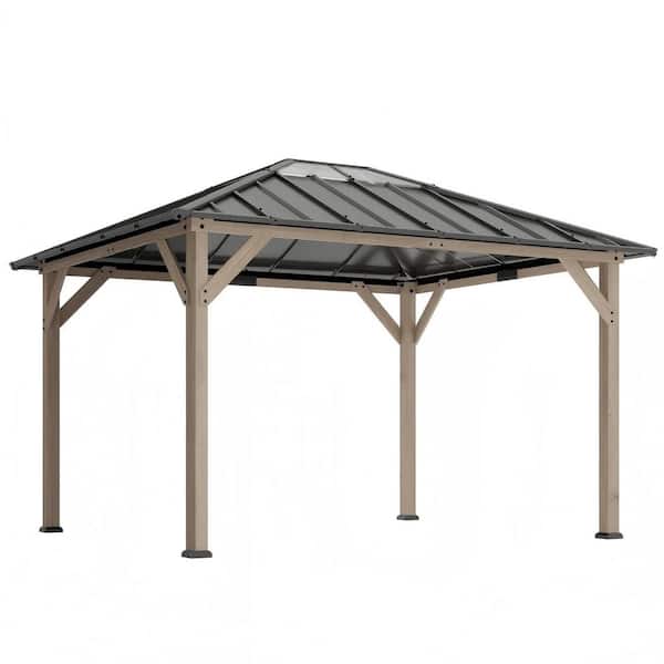 10 ft. x 12 ft. Light Walnut Fir Wood Hardtop Outdoor Gazebo with Galvanized Steel Rainproof PC Roof & Ceiling Hooks