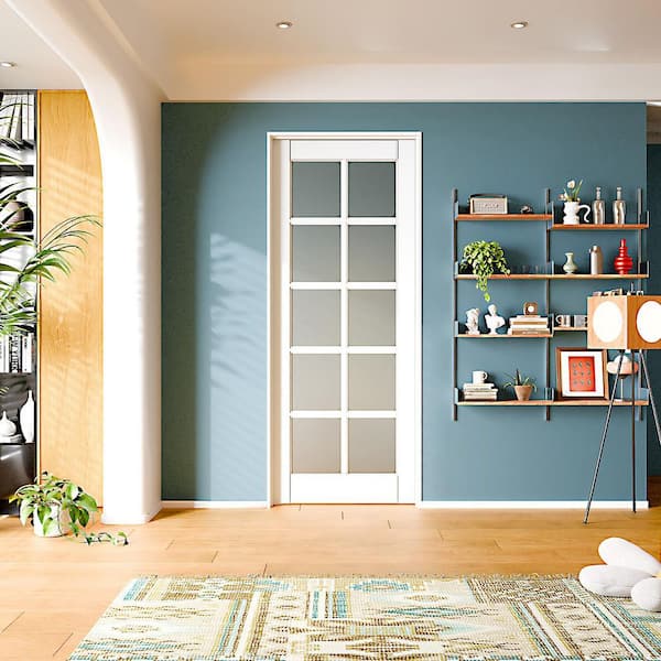 32in. x 80 in. Right-Handed 10Lite Frosted Glass Solid Core White MDF Wood Prehung Interior Door with Door Jamb Hardware