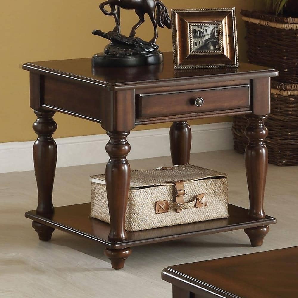 Walnut Brown Wooden End Table with Drawer and Shelf