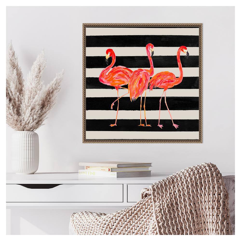 Vibrant Flamingo Trio on Black and White Striped Canvas Framed Wall Art 22 x 22