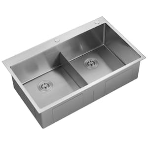 Stainless Steel 36 in. Double Bowl Drop-in or Undermount Kitchen Sink with Thin Divider