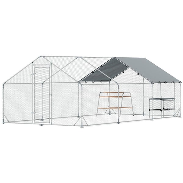 Large Metal Chicken Coop with Nesting Box, Walk in Chicken Run Waterproof Anti-UV Cover, 9.8 ft. x 19.7 ft. x 6.4 ft.