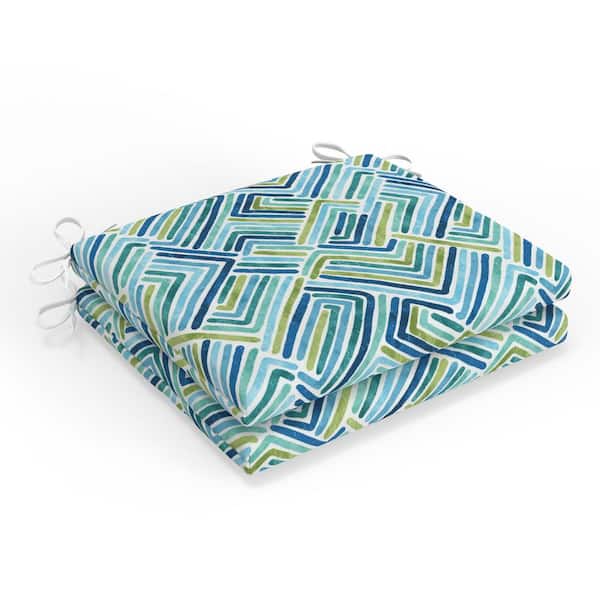 Pillow Perfect Geometric 18.5 in W x 3 in H Square Outdoor Chair Pad Cushion with Ties 2-Count in Estie Ocean