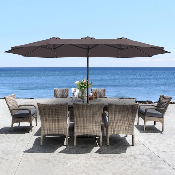 15 ft. Double-Sided Patio Umbrella with Iron Base and Sandbags in Gray for Garden, Pool, Deck, Backyard
