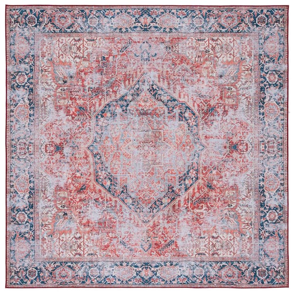 SAFAVIEH Tucson Rust/Navy 6 ft. x 6 ft. Machine Washable Distressed Medallion Floral Border Square Area Rug
