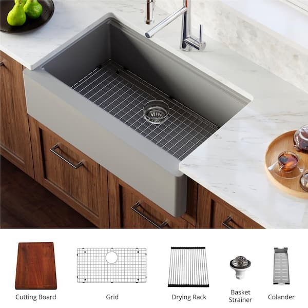 Karran Quartz 34 in. Single Bowl Farmhouse Apron Front Workstation Kitchen Sink in Grey