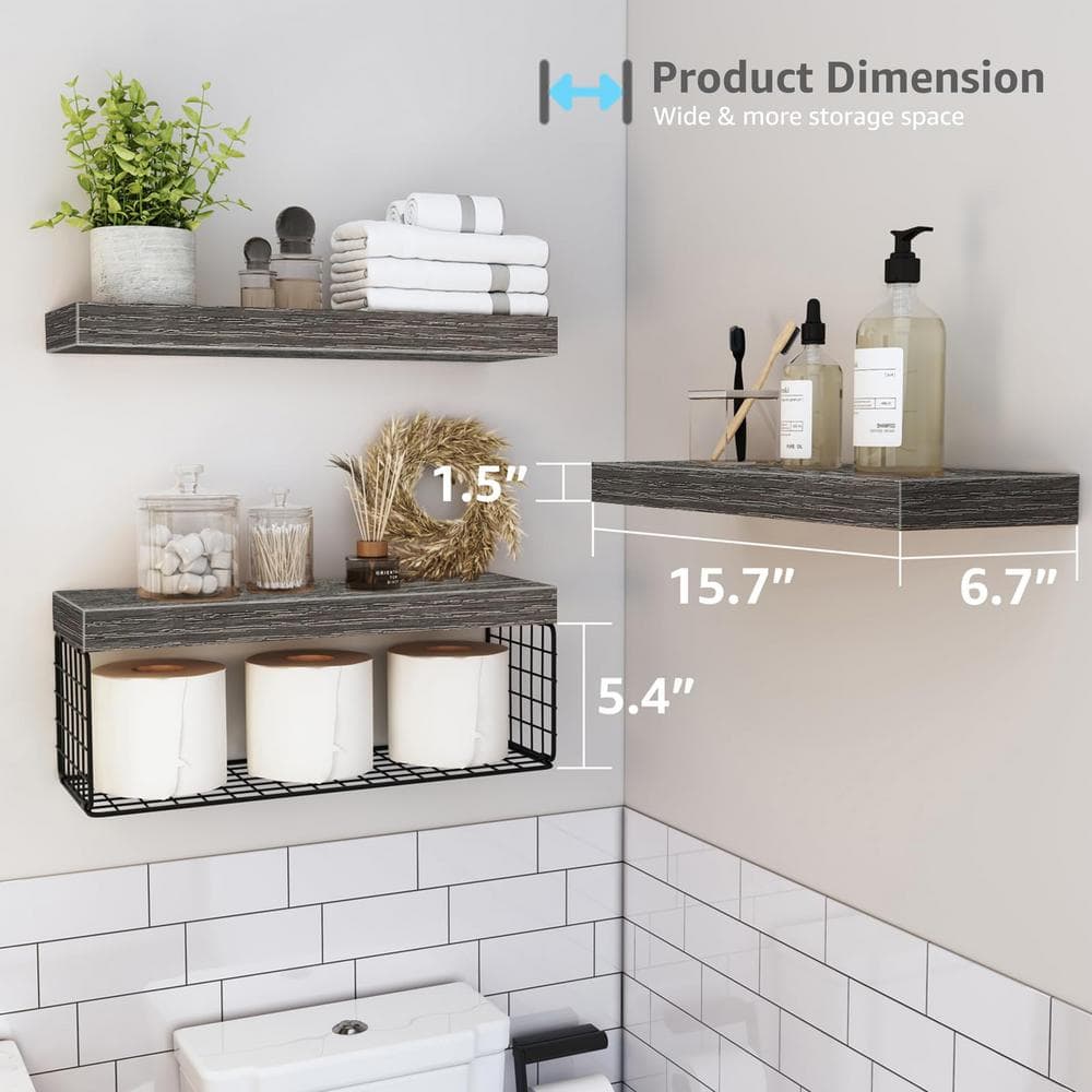 Gray MDF Floating Shelves with Metal Basket, Set of 3