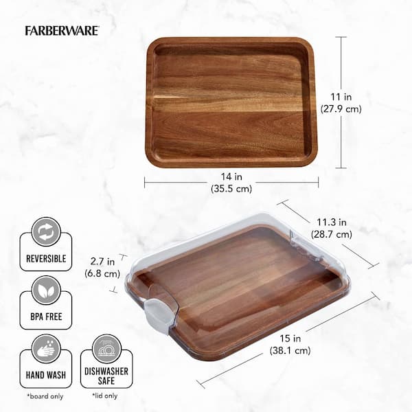 11 x 14 in. Build-A-Board Acacia Cutting Board with Built-in Compartments and Clear Locking Lid with White Handles