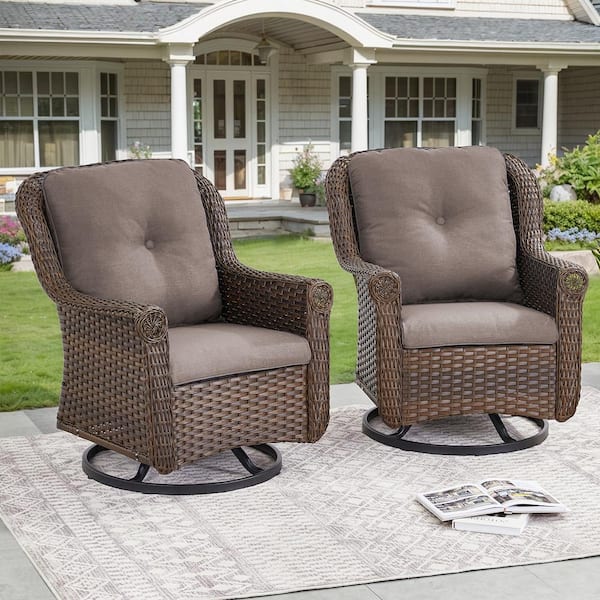 Pocassy Chrysanthemum Armrest Series 2-Pack Outdoor Swivel Brown Wicker Glider Rocking Chair with CushionGuard Gray Cushions