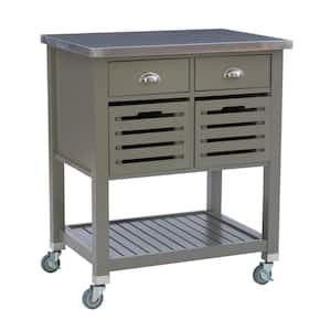 Hawthorn Gray Kitchen Cart with Two Drawers, Two Pull-Out Bins, Shelf, and Stainless Steel Top