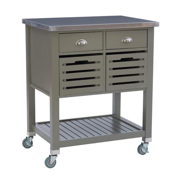 Linon Home Decor Hawthorn Gray Kitchen Cart with Two Drawers, Two Pull-Out Bins, Shelf, and Stainless Steel Top