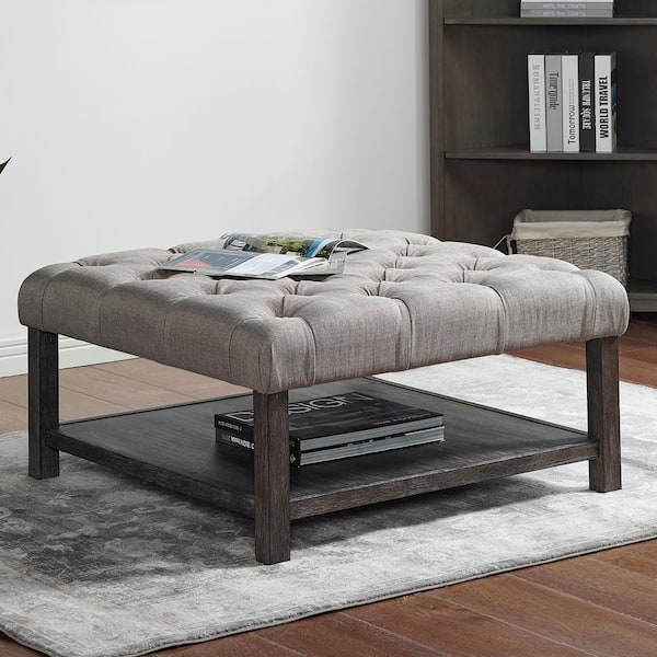 Errona Antique Washed Gray Square Button Tufted Ottoman
