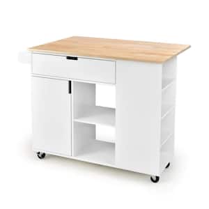 49 in. White Rubber Wood Top Drop-Leaf Kitchen Island with Drawers, Open Shelves, 4 Wheels, Storage Space