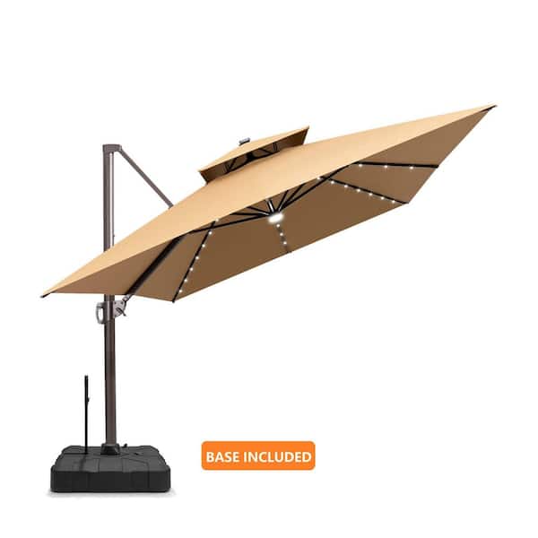 13.5 ft. x 10 ft. Solar LED Rectangular 360° Rotation Tiltable Cantilever Patio Umbrella with Base Included in Tan