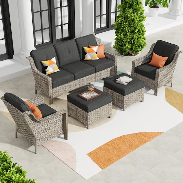 Toject Eureka Grey 5-Piece Wicker Modern Outdoor Patio Conversation Sofa Seating Set with Black Cushions