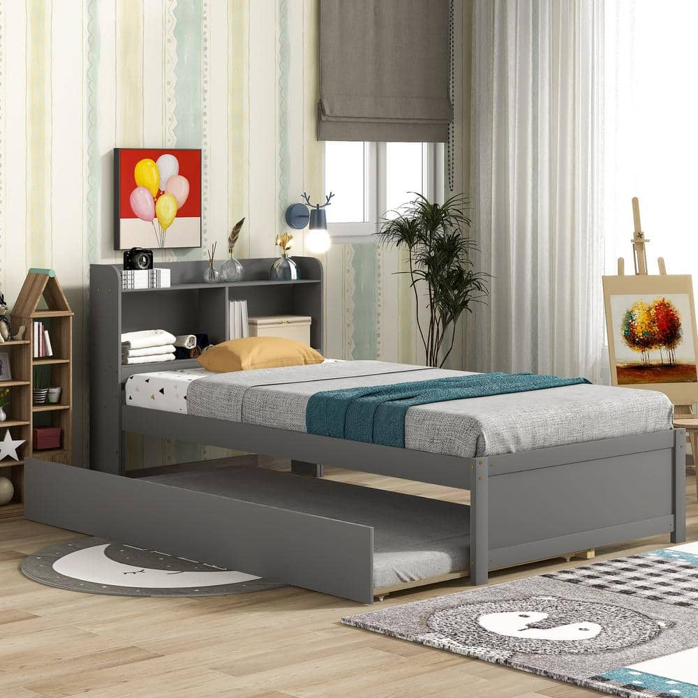 Harper & Bright Designs Gray Wood Frame Twin Size Platform Bed with Trundle and Bookcase