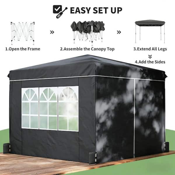3-Adjustable Height 10 ft. x 10 ft. Black Patio Gazebo Instant Pop