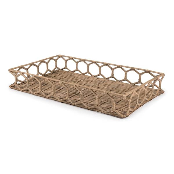 happimess Honeycomb 19.75" Rustic Bohemian Hand-Woven Rattan Tray, Natural