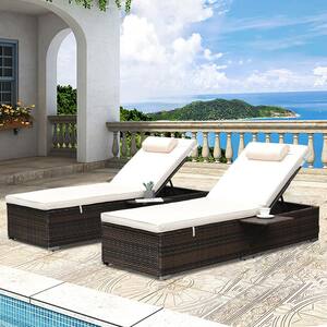 Brown 2-Piece PE Wicker Outdoor Chaise Lounge Chairs with Reclining Backrest and Beige Cushions