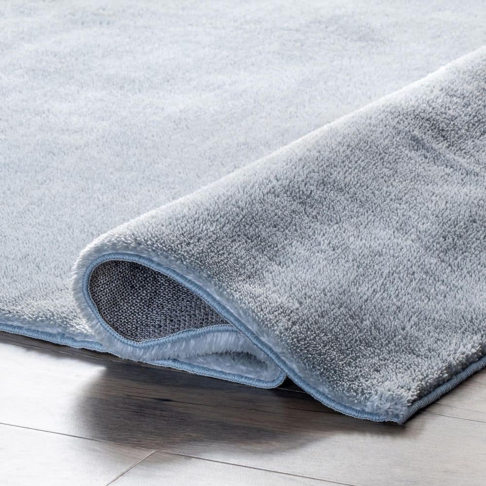 Light Blue Solid Shag Washable Round Synthetic Rug