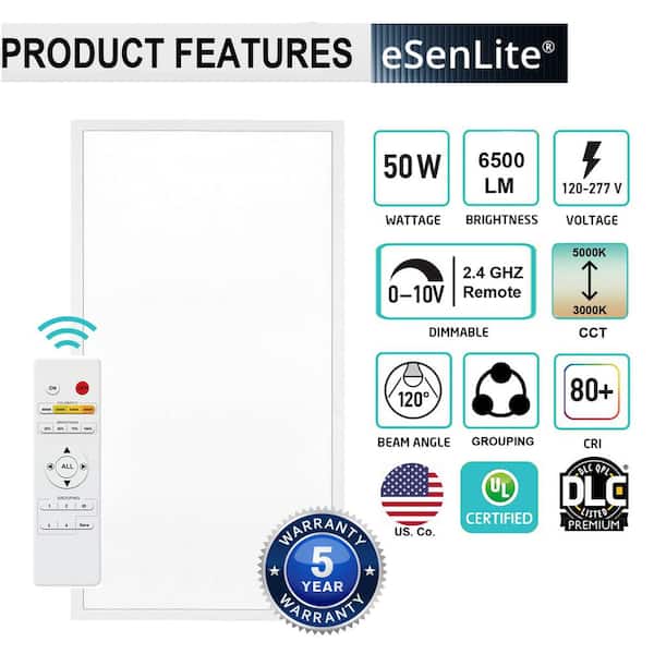 eSenLite 2ft.x4ft. 600W Equivalent 6500 Lumen Dimmable CCT White Integrated LED Panel Light Flush Mount Troffer w/ Frames(2-Pack)