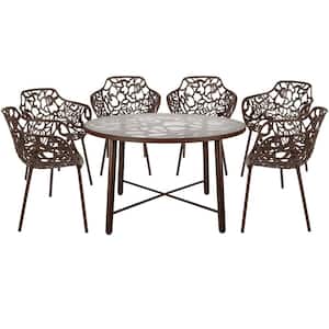 7-Piece Aluminum Outdoor Patio Dining Set with Glass Top Table and 6 Stackable Armchairs (Brown) Devon