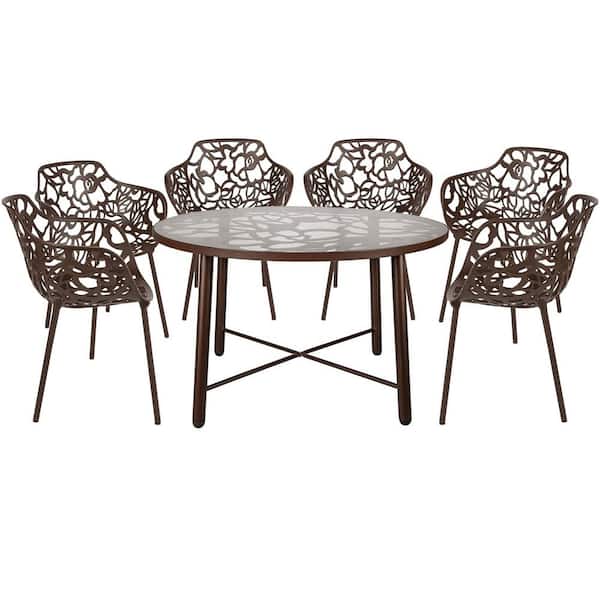 Leisuremod 7-Piece Aluminum Outdoor Patio Dining Set with Glass Top Table and 6 Stackable Armchairs (Brown) Devon