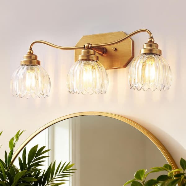 21 in. 3-Light Gold Vintage Bathroom Vanity Light, Antique Brass Wall Sconce with Crystal Glass Shade