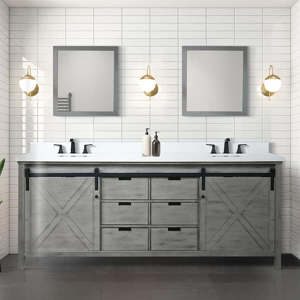 Lexora Marsyas 84 in W x 22 in D Ash Grey Double Bath Vanity and White Quartz Countertop