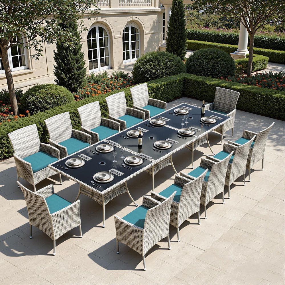 Gray 15-Piece Wicker Rectangular Outdoor Dining Set with Turquoise Cushions price history on PriceWatchPro