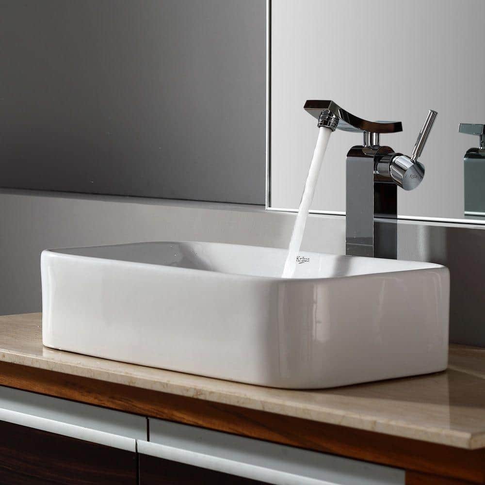 White Ceramic Rectangular Above-Counter Vessel Sink with Chrome Drain