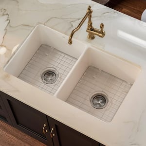 32 in. Double Bowl 50/50 Kitchen Sink, White Fireclay Kitchen Sink Undermount/Drop in, with Grid and Strainer Drain