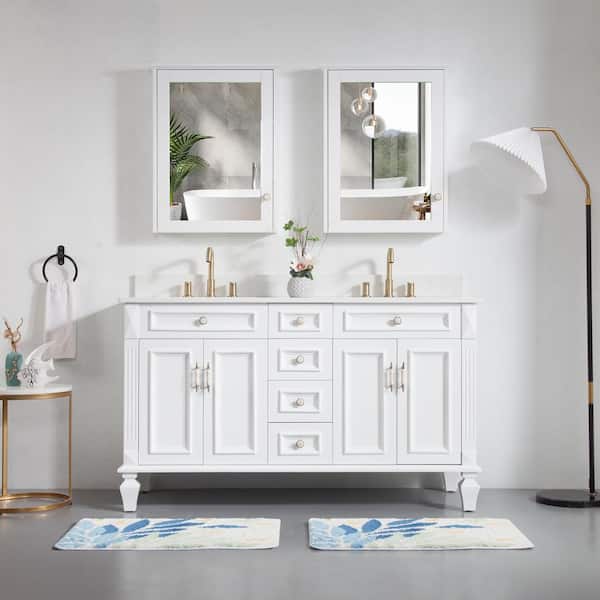 60 in. W x 22 in. D x 35 in. H Double Sink Freestanding Bathroom Vanity Medicine Cabinet in White with White Quartz Top