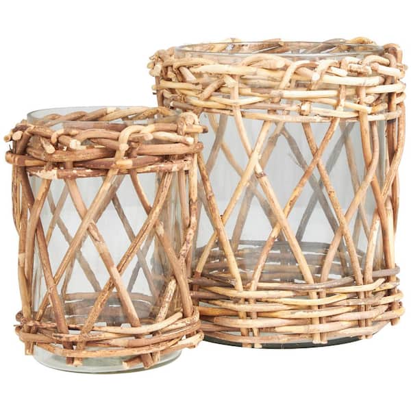 AERIN Colette woven cane, brass and glass candle holder