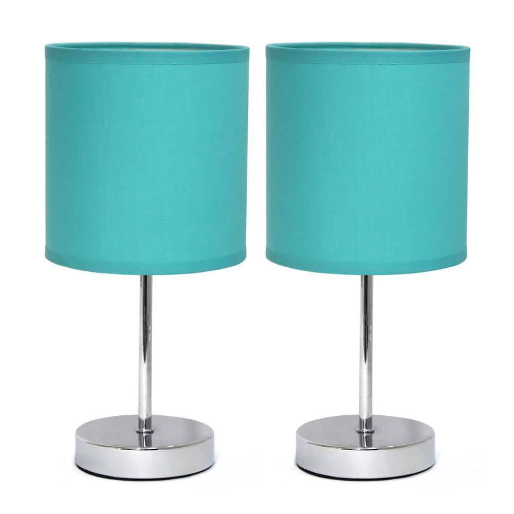 Simple Designs 11.89 in. Chrome Mini Basic Table Lamps with Blue Fabric ...