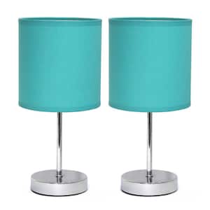 11.89 in. Chrome Mini Basic Table Lamps with Blue Fabric Shades (2-Pack)