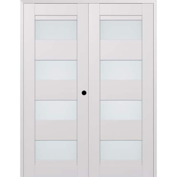 Della 56 in. x 80 in. Left Handed Active 4-Lite Frosted Glass Bianco Noble Wood Composite Double Prehung French Door