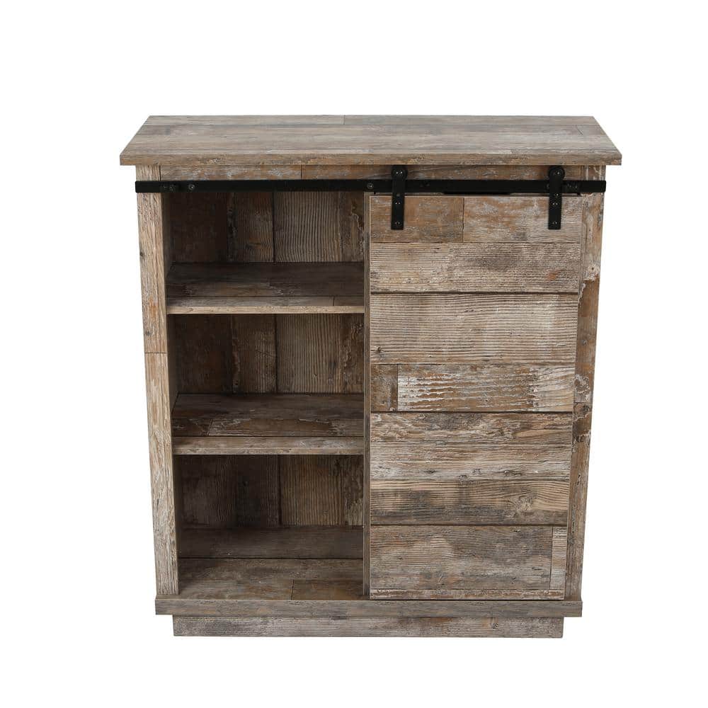 Rustic Brown Wood Sliding Door Cabinet with Adjustable Shelves