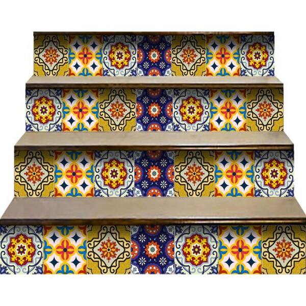 HomeRoots Blue/Yellow 4 in. x 4 in. Vinyl Peel and Stick Removable Tile