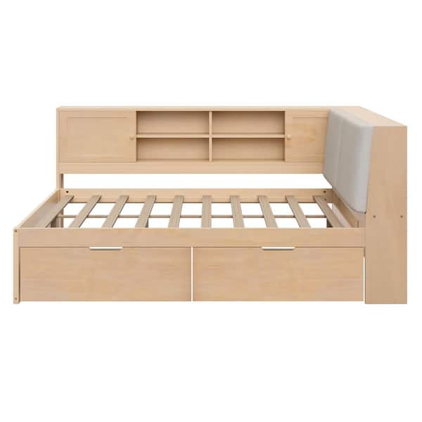 Harper & Bright Designs Natural Full Daybed with Storage Bookcase, Linen Upholstered Hidden Storage Headboard, USB Charging, 2 Drawers