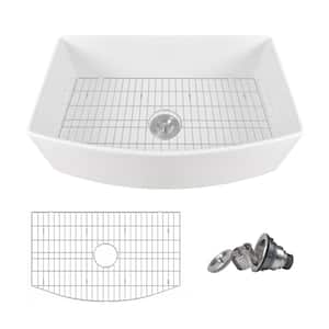 Grove Fireclay 33 in. L x 21 in. W Single Bowl Farmhouse Curved Kitchen Sink with Sink Grid and Basket Strainer