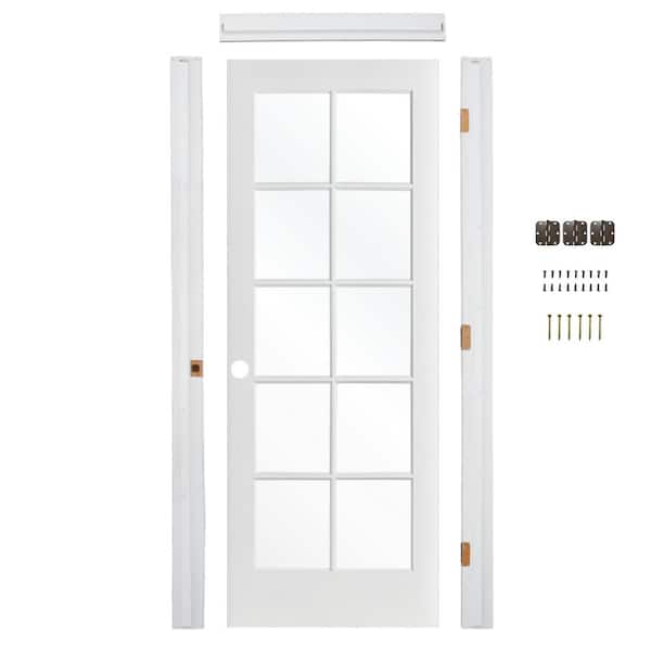 30in. x80in. 10-Lite Right-Hand Clear Glass MDF Primed Single Assembly Required Interior Door Kit w/ Quick Assemble Jamb