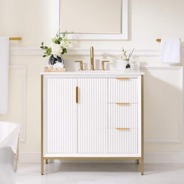 36 in. W x 22 in. D x 35 in. H Solid Wood Modern Bathroom Vanity in White with Gold Trim, Quartz Top with Single Sink