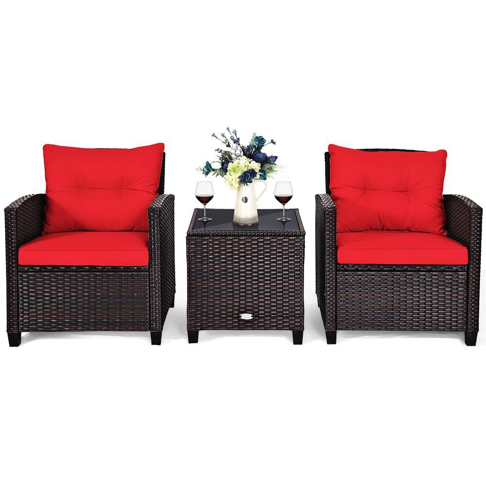 Mix Brown 3-Piece Rattan Wicker Patio Conversation Set Sofa Coffee Table with Red Cushions price history on PriceWatchPro